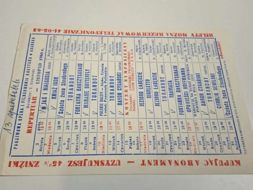 PAŃSTWOWA OPERA I ..REPERTUAR LISTOPAD 1968 Wyjątkowa oferta